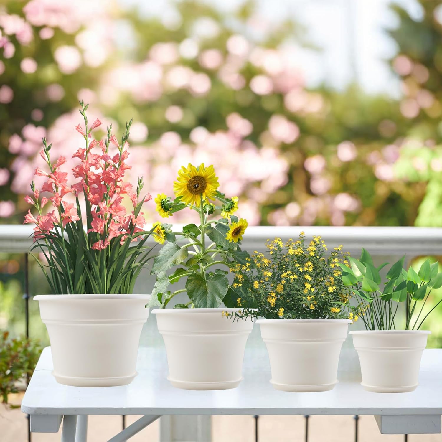 13 Inch Plastic-Flower-Pot-for-Indoor-Plants, 4 Pack Large Outdoor Planter Pot with Drainage Holes