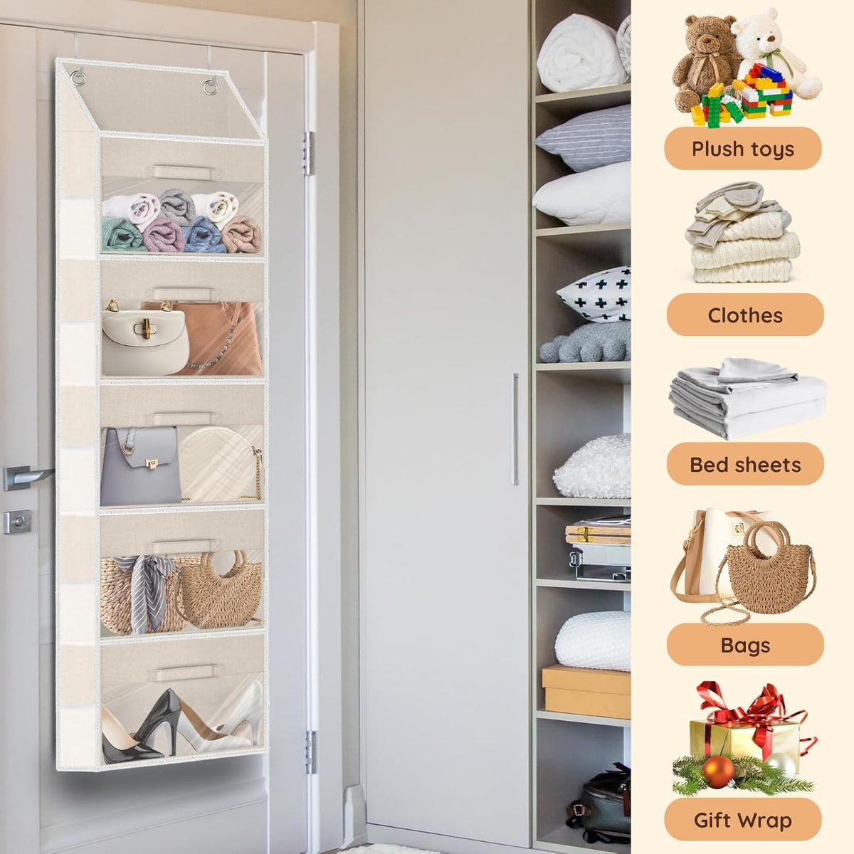 Over the Door Organizer with Drawers, 5 Tier Hanging Storage with Removable Bins & 10 Side Pockets