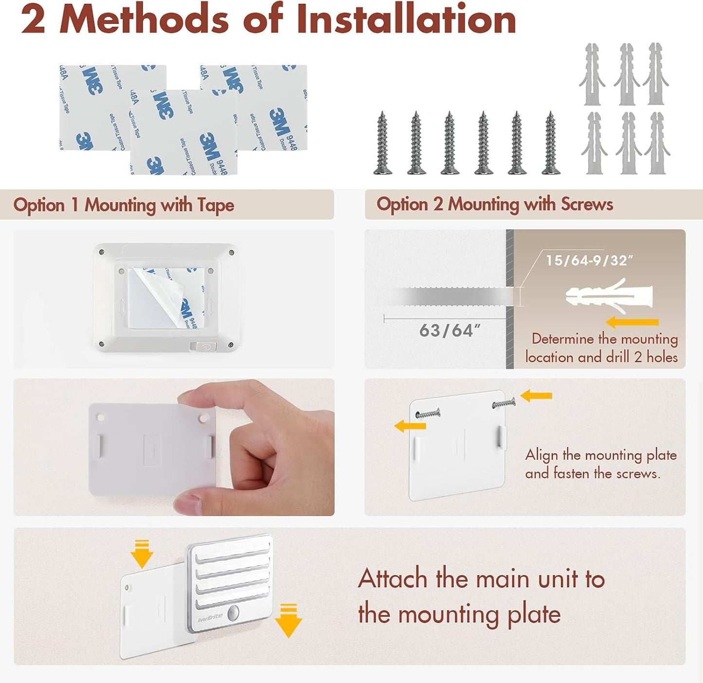 EverBrite Motion Sensor Night Lights, LED Soft Warm Light, Battery Powered Auto Stick-On Night
