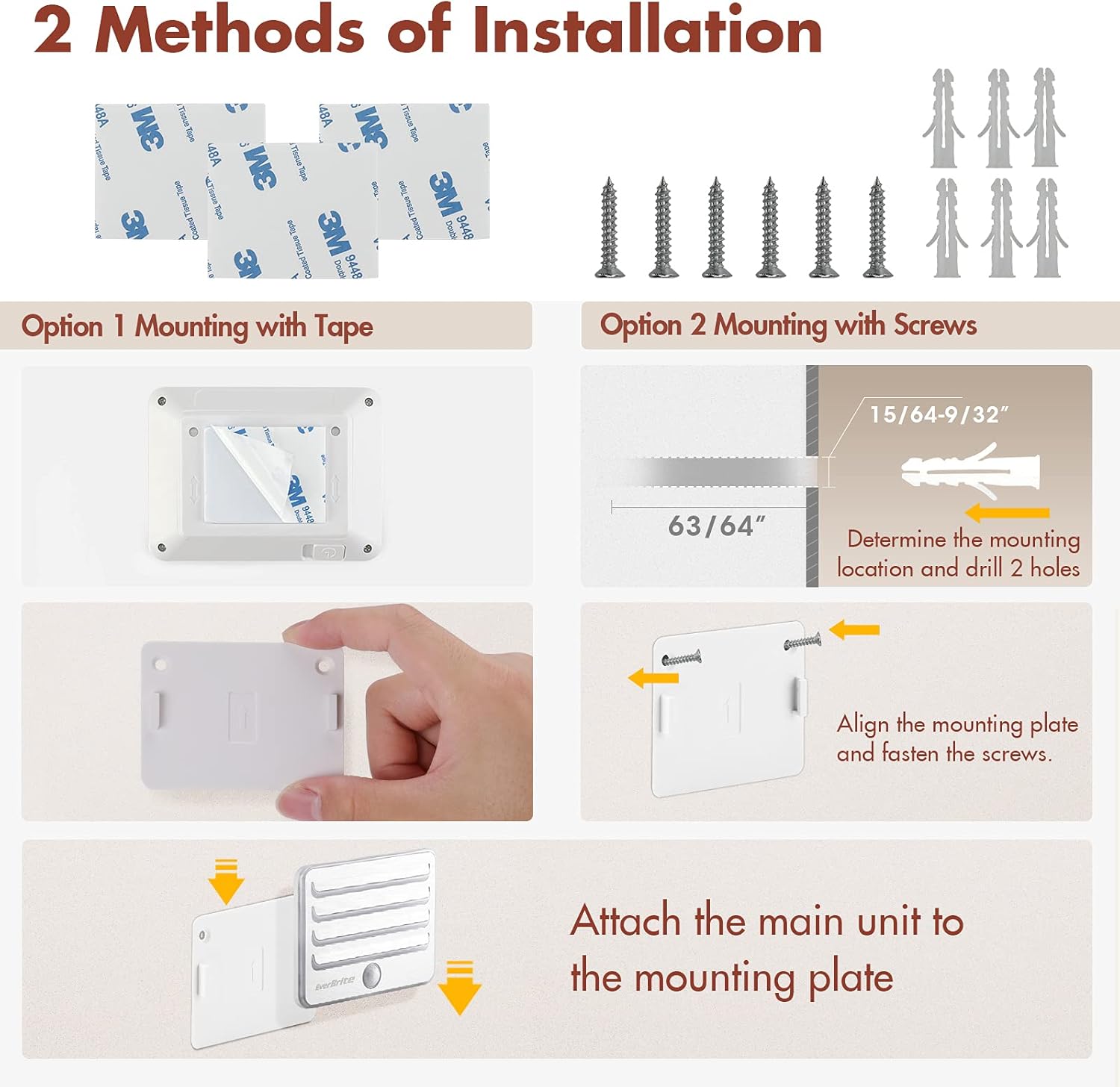 EverBrite Motion Sensor Night Lights, LED Soft Warm Light, Battery Powered Auto Stick-On Night