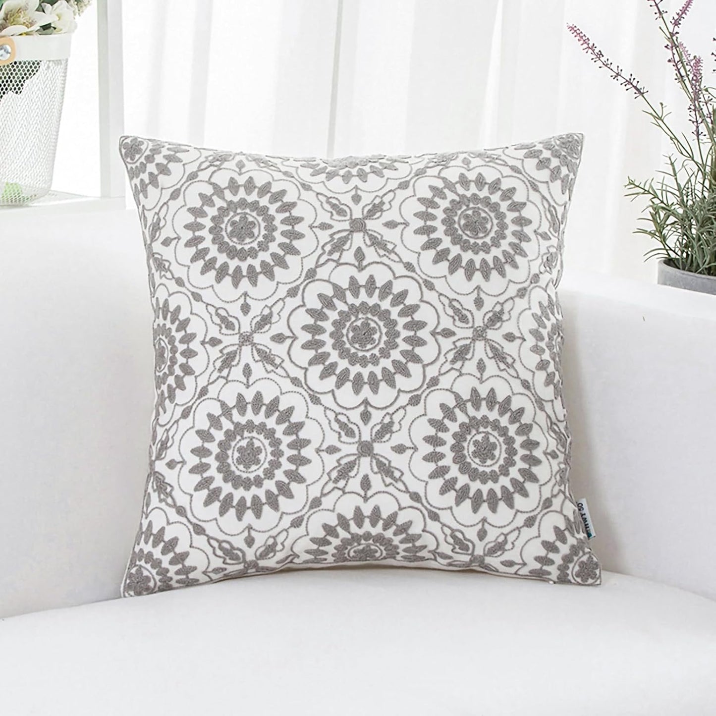 HWY 50 Gray Grey Decorative Throw Pillow Covers 18x18 Inch (1 Piece), Embroidered Cotton Farmhouse