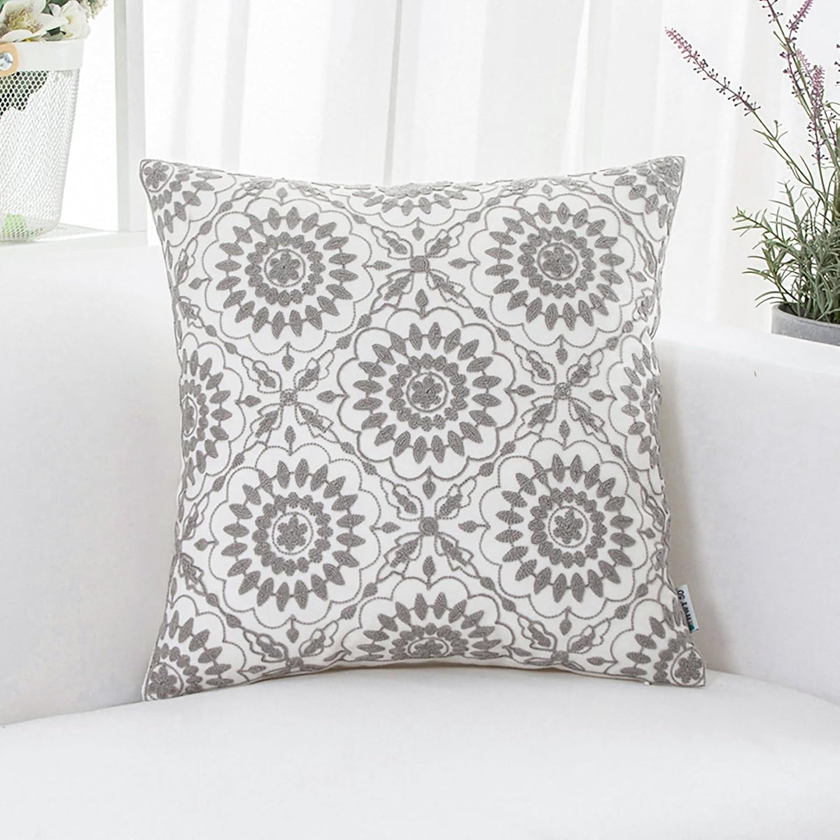HWY 50 Gray Grey Decorative Throw Pillow Covers 18x18 Inch (1 Piece), Embroidered Cotton Farmhouse