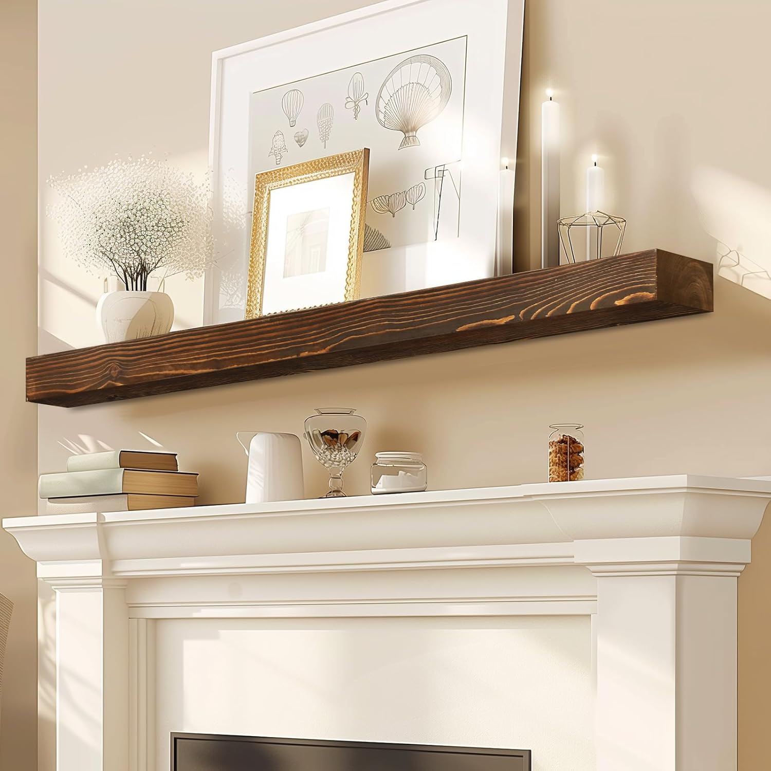 48x8x3 Fireplace Mantel - Solid Rustic Wood - Wall Mounted Floating Shelf with Invisible Heavy Duty