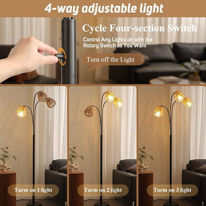Rattan Floor Lamp for Living Room, 72 Inch Tall Boho Floor Lamp with Rotary Switch, 3 Light Arc