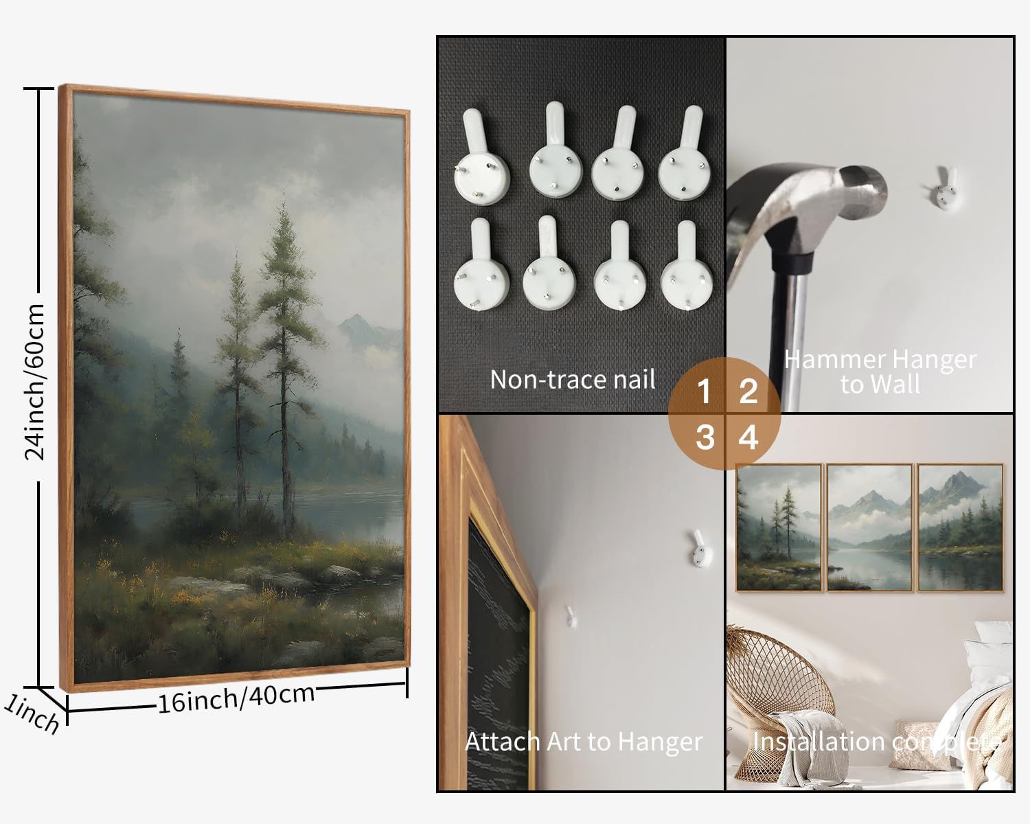 SIGNINART Large Green Forest Framed Canvas Wall Art Set, Misty Mountain Lake Scenery Wall Decor