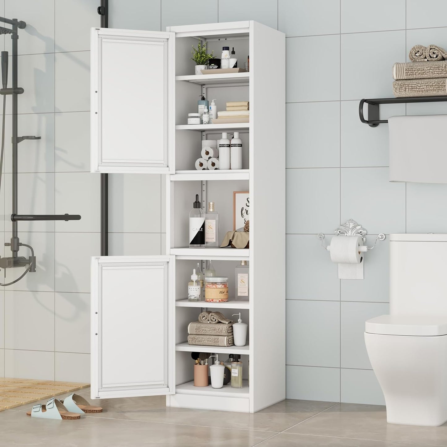 Tall Narrow Storage Cabinet 66.93" H Tall Bathroom Cabinets Metal Pantry Cabinet, 4 Adjustable