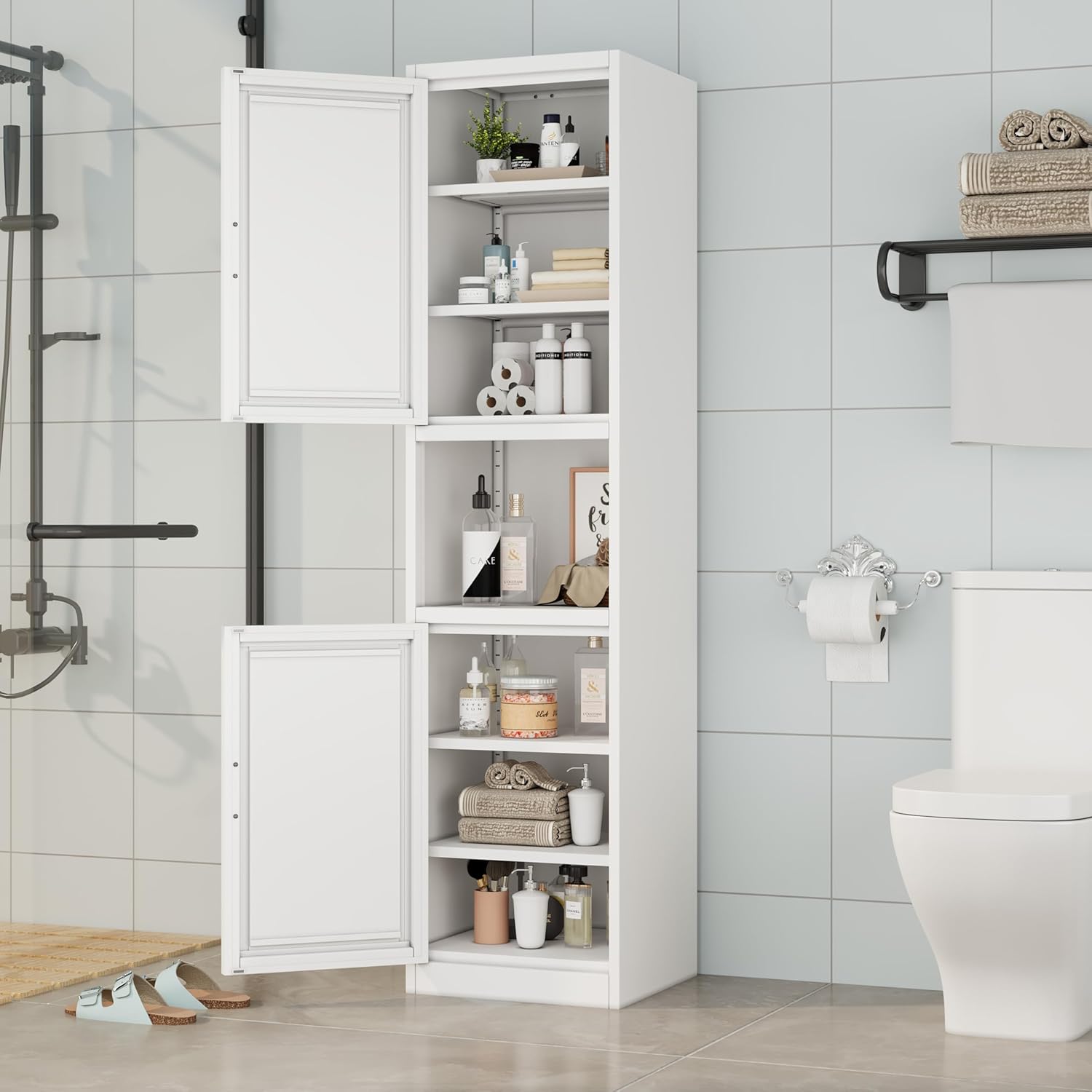 Tall Narrow Storage Cabinet 66.93" H Tall Bathroom Cabinets Metal Pantry Cabinet, 4 Adjustable