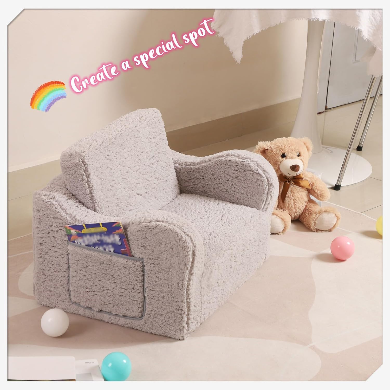 Kids Chairs for Toddler, 2-in-1 Toddler Soft Sherpa Couch Fold Out, Convertible Sofa to Lounger for