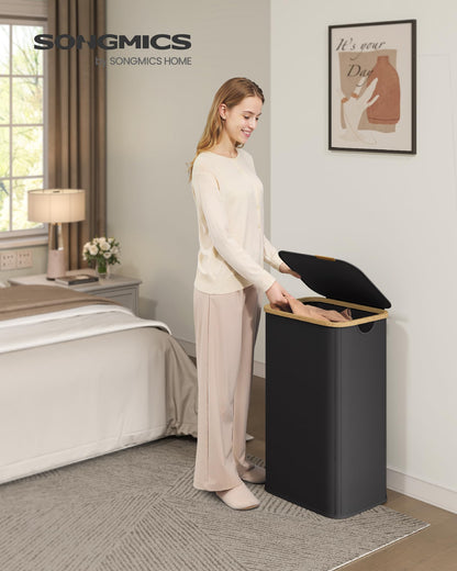 SONGMICS Laundry Hamper, Laundry Basket with Lid, Foldable Storage Basket, Bamboo Frame, for