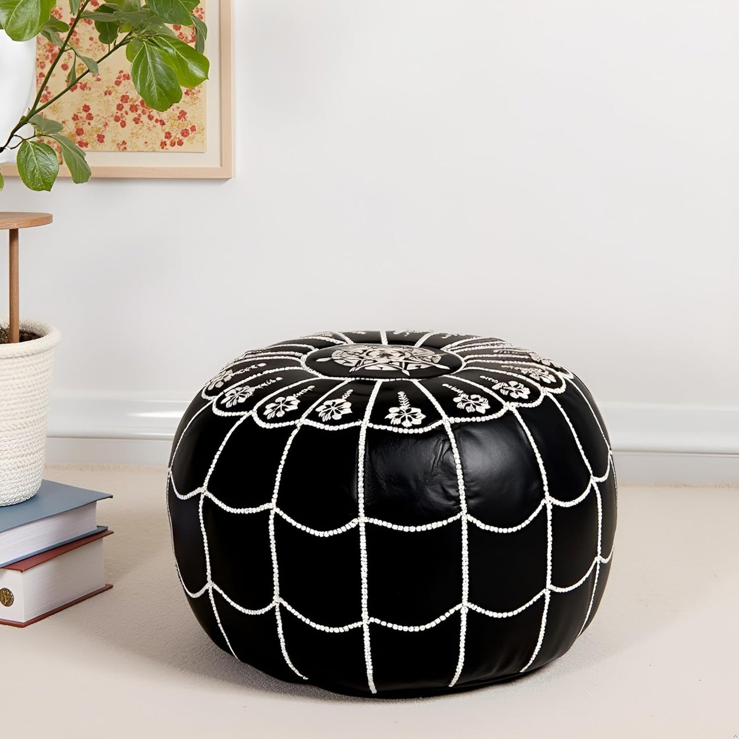 Stuffed Arch Design Moroccan Leather Pouf Ottoman, Handmade, Pre-Filled, 100% Genuine Leather, 14”