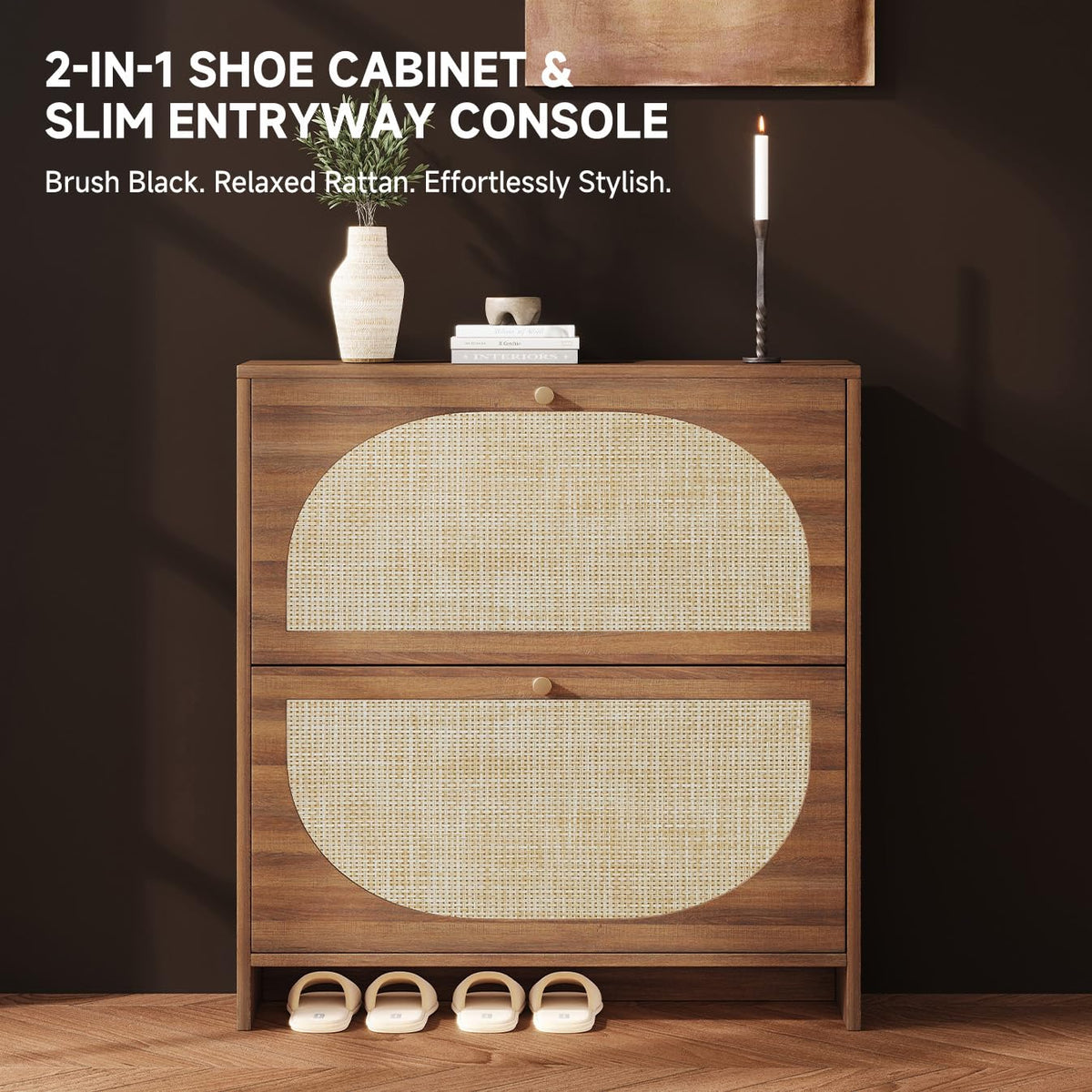 Nicetree Rattan Arched Accent Shoe Storage Cabinet - Freestanding Ultra Slim for Entryway, 2 Flip