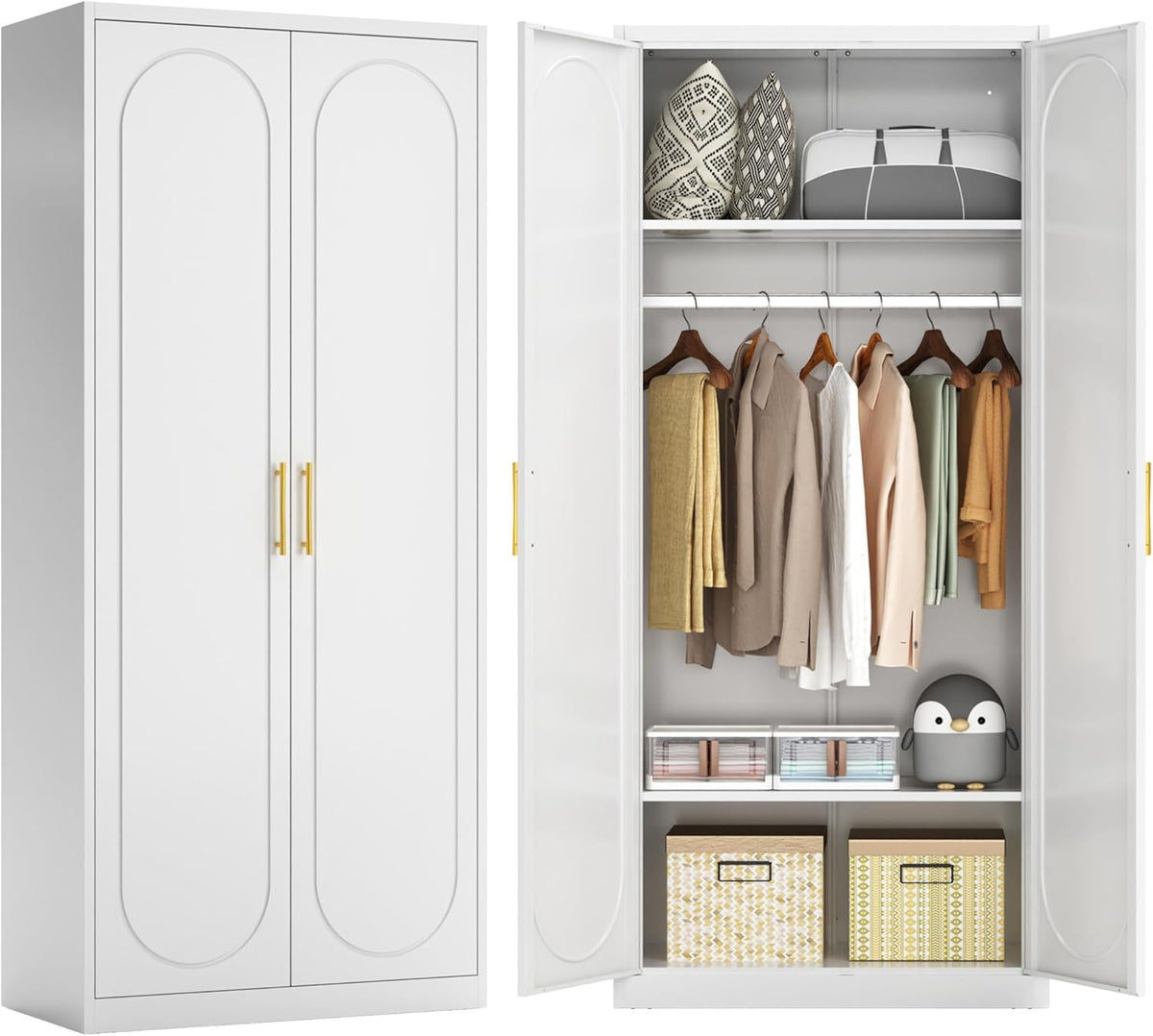 71" White Wardrobe Closet with 2 Doors, Metal Armoire Wardrobe Cabinet with Hanging Rod and