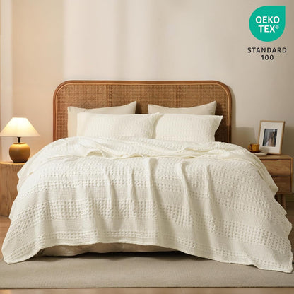PHF 100% Cotton Waffle Weave Blanket King Size, Soft Lightweight Breathable Cozy Summer Blankets