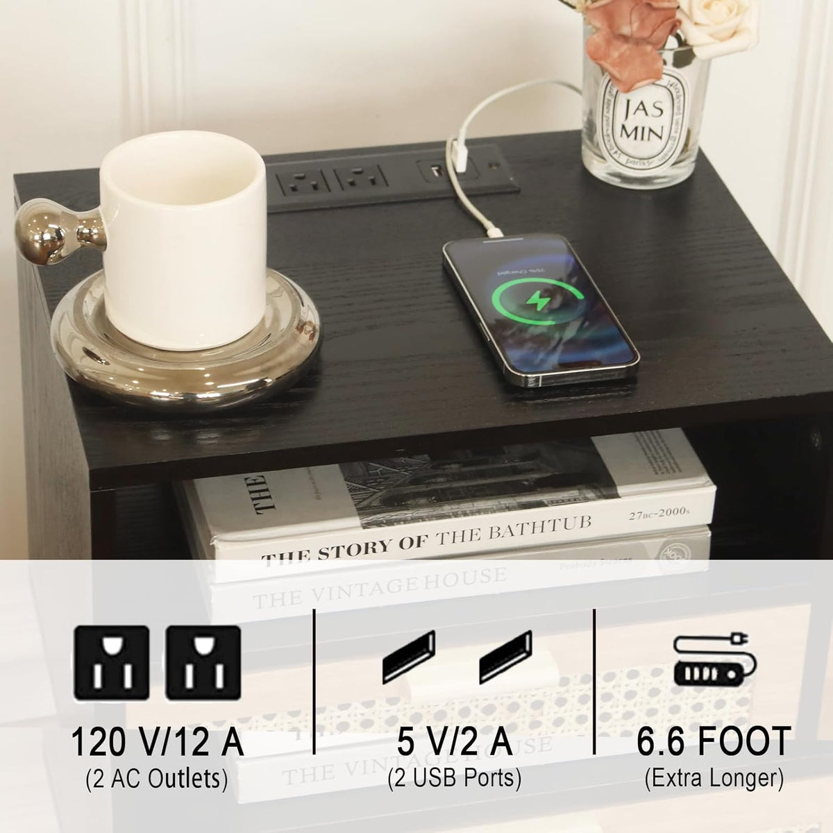 MaxSmeo Mid Century Modern Nightstand with Charging Station, Bedside Tables with Rattan Drawer