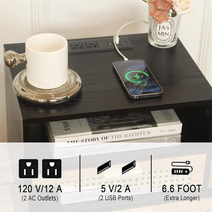 MaxSmeo Mid Century Modern Nightstand with Charging Station, Bedside Tables with Rattan Drawer