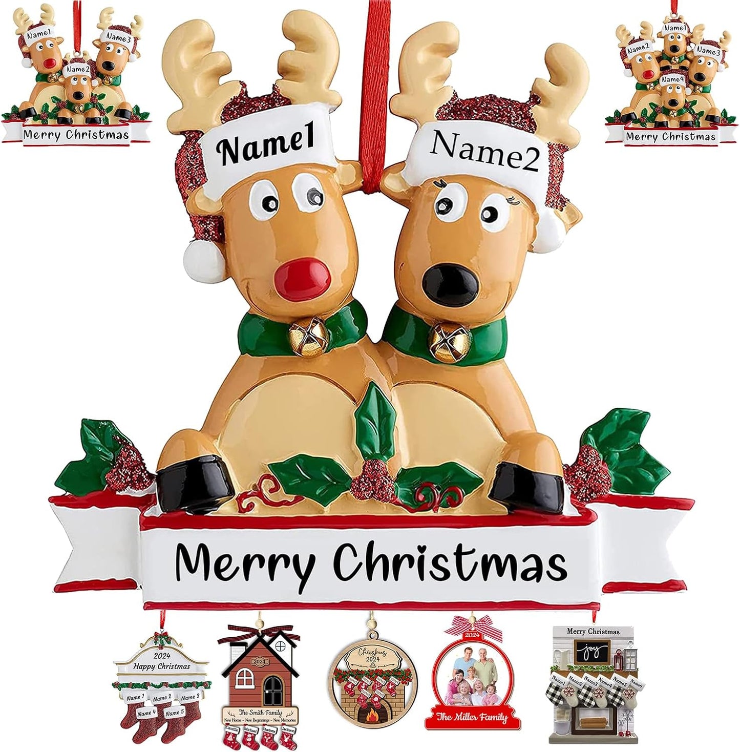 Personalized Deer Christmas Ornaments with Names of 2/3/4/5/6/7/8 Custom Reindeer Family Ornament