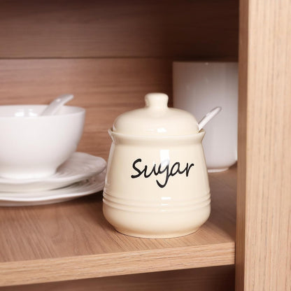 HAOTOP 12oz Sugar Bowl with Lid and Spoon,Ceramic Sugar Jar Sugar Dispenser Sugar Container Coffee