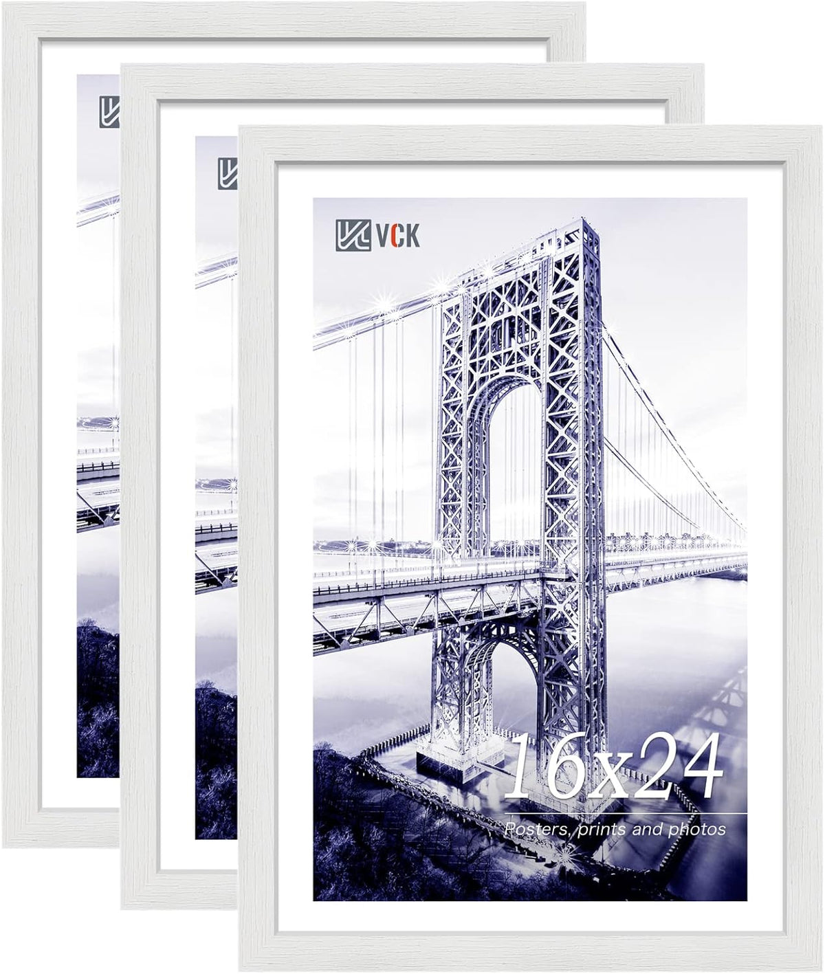 VCK 16x24 Poster Frames Set of 3, White Solid Wood Picture Frame, Textured Exclusive Wall Gallery