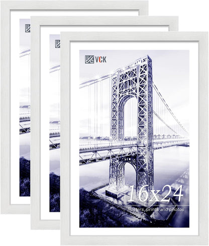 VCK 16x24 Poster Frames Set of 3, White Solid Wood Picture Frame, Textured Exclusive Wall Gallery