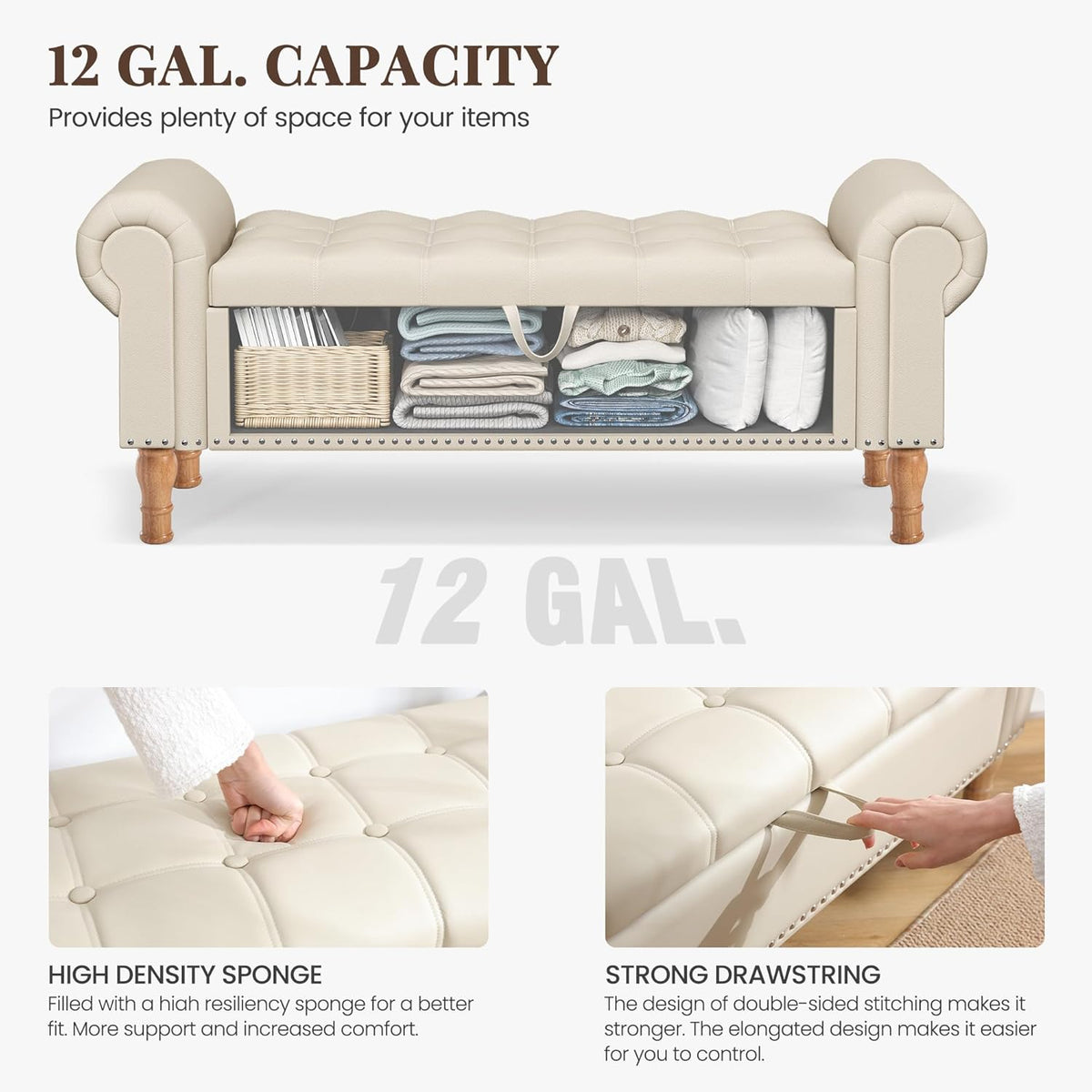 Storage Ottoman Bench for Bedroom, 51" Upholstered Bench with Rolled Arms and Vintage Rivets for