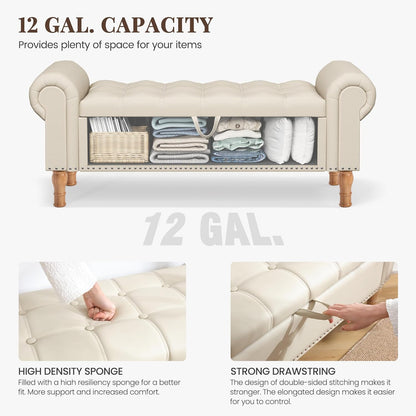 Storage Ottoman Bench for Bedroom, 51" Upholstered Bench with Rolled Arms and Vintage Rivets for