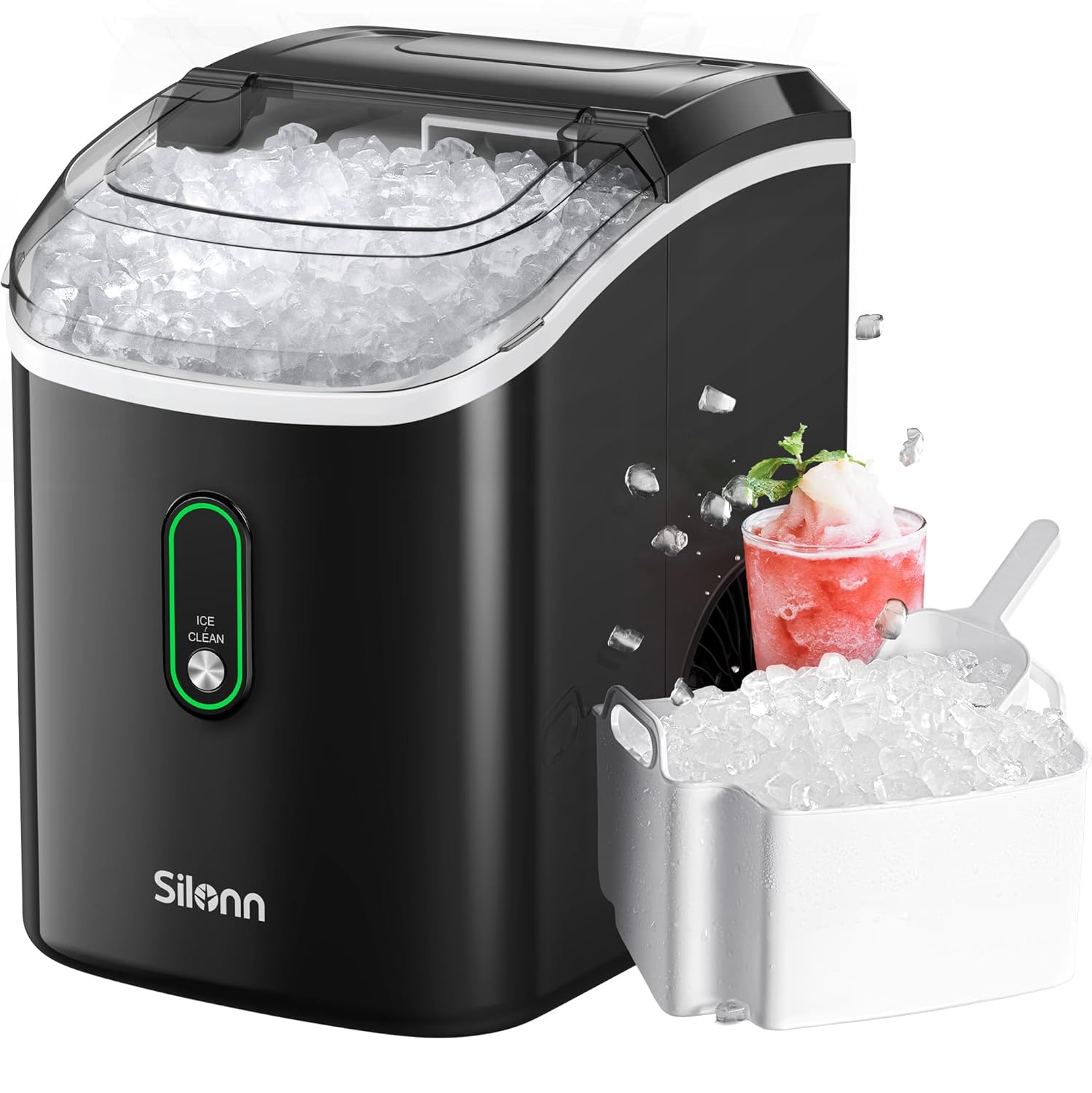 Silonn Nugget Ice Maker Countertop, Portable Pellet Ice Machine with Self-Cleaning Function, Sonic