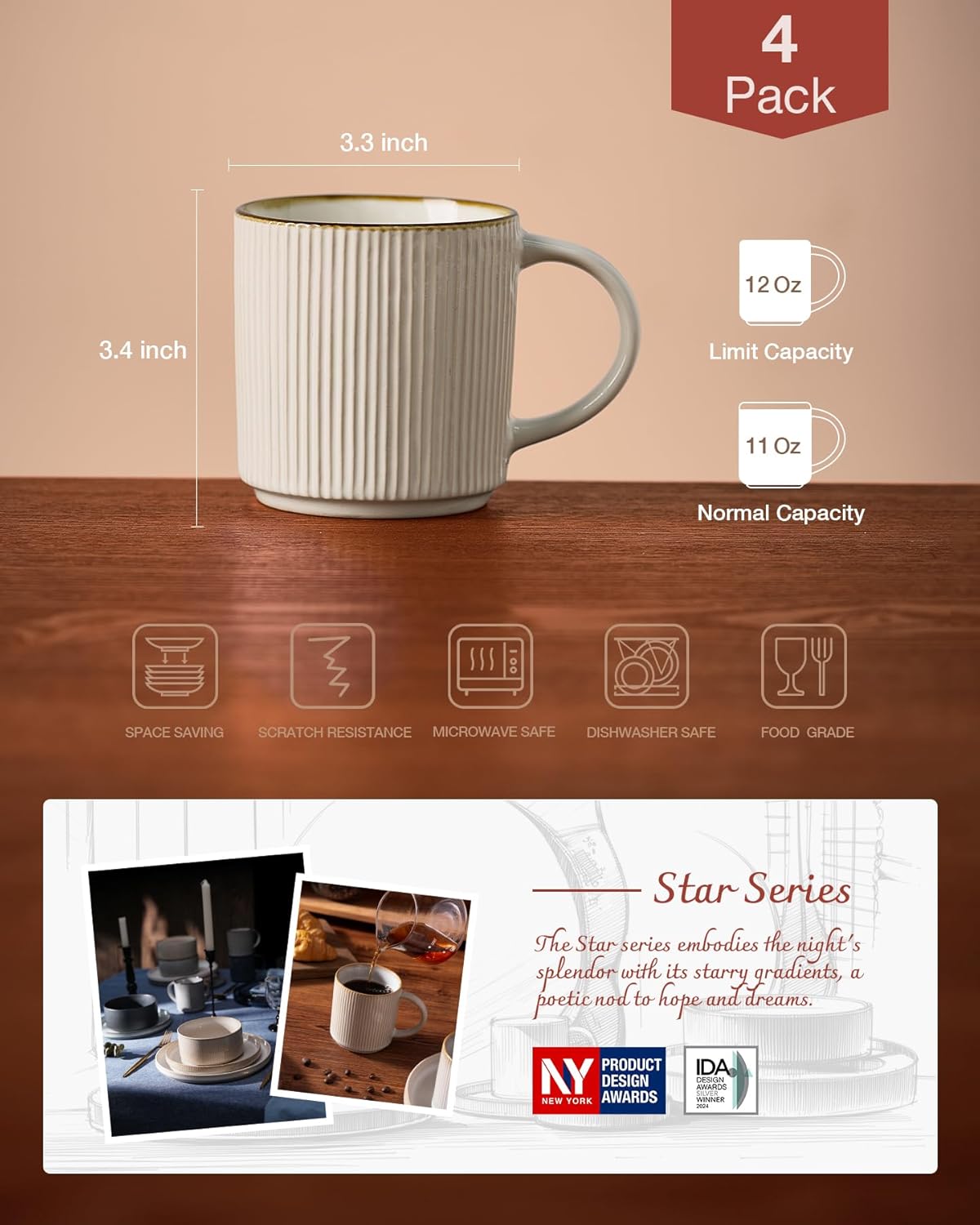 famiware Coffee Mug Set for 4, Star 12 oz Catering Mugs Cup Set with Handle for Coffee, Tea, Cocoa