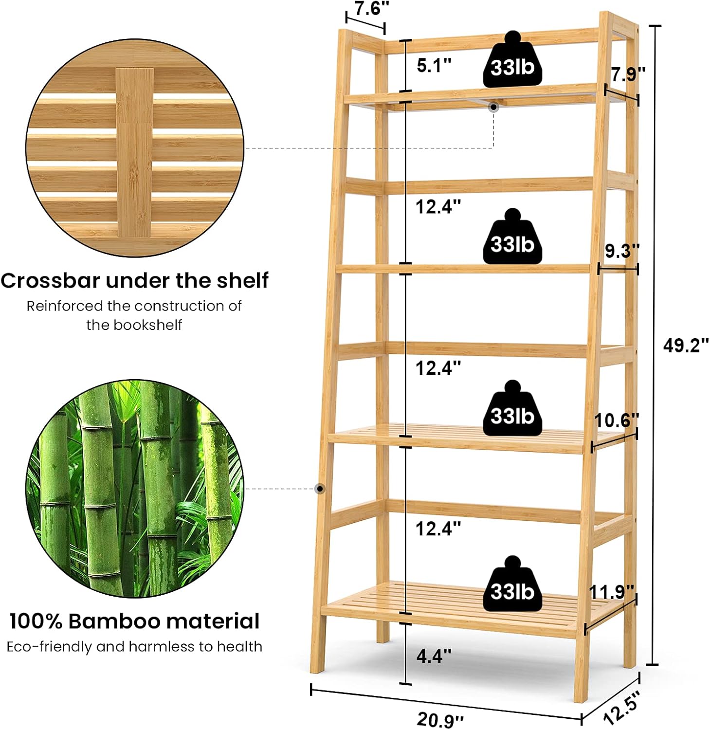 Homykic Bamboo Bookshelf 4-Tier Ladder Shelf, 49.2” Freestanding Open Bookcase Book Shelf Bathroom