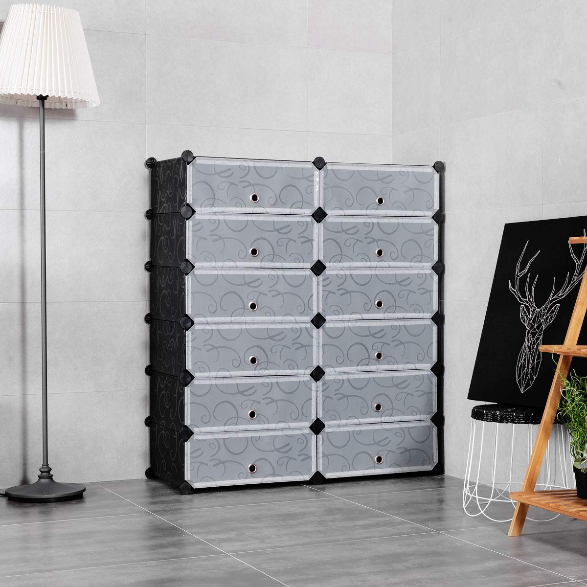 HAPPYGRILL Shoe Rack Organizer, 12-Cube Modular Plastic Shoes Storage Cabinet with 6-Tier Shoe