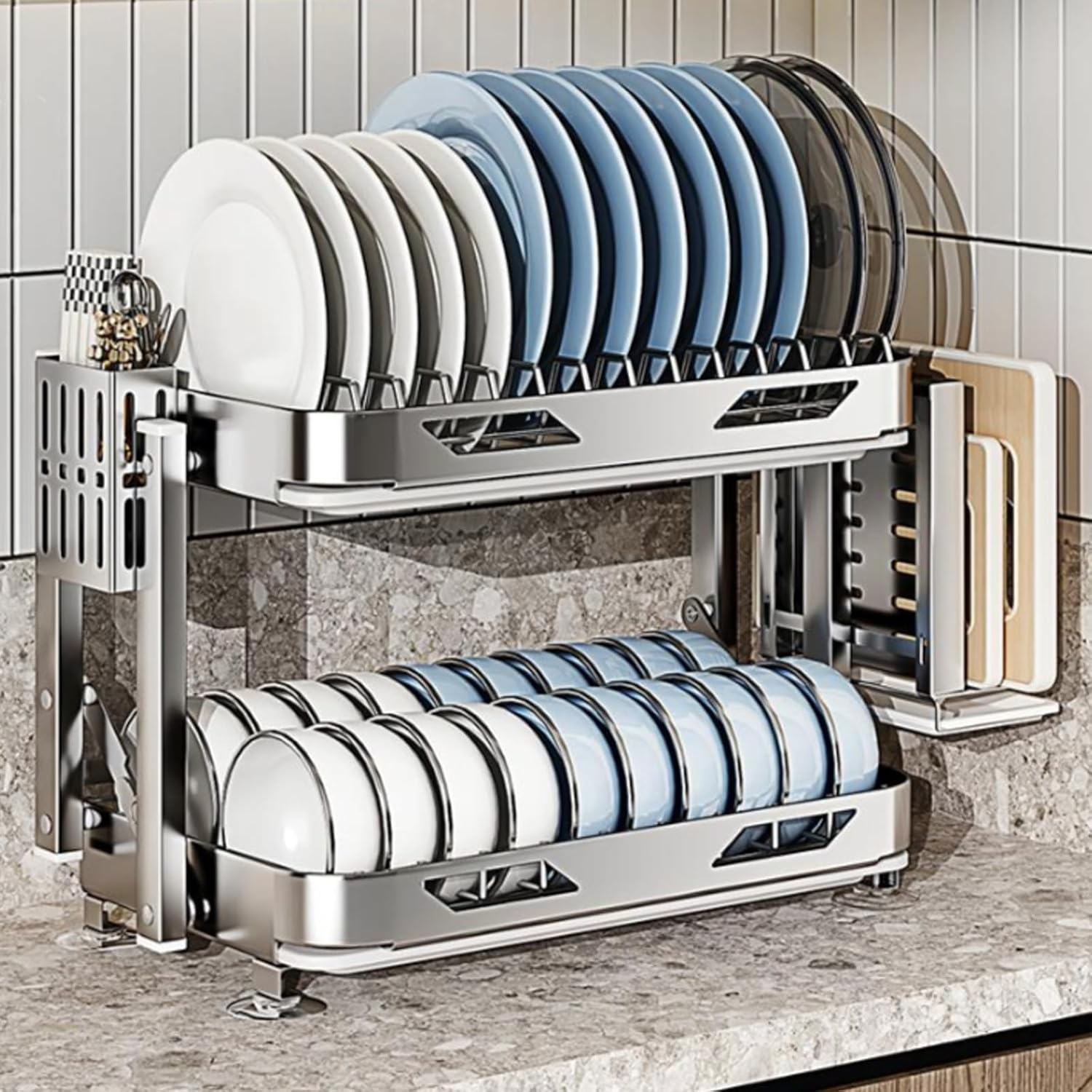 Dish Drying Rack with Drain Board - Rustproof Stainless Steel Dish Rack with Utensil Holder,Dish