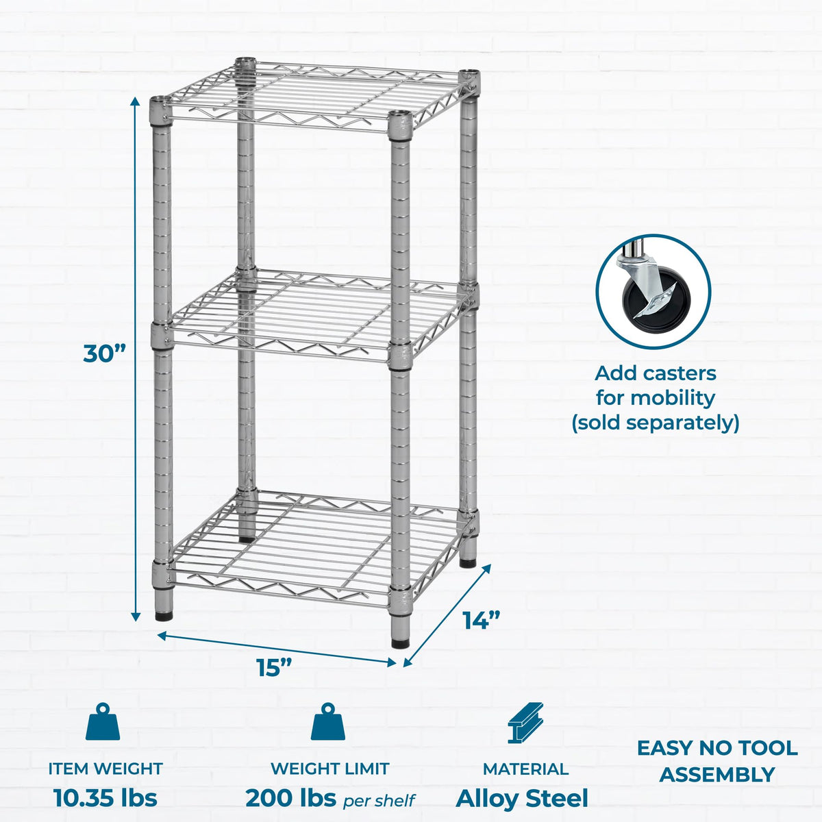 Honey-Can-Do 3-Tier Stackable Chrome Wire Shelf, 200 lb/Shelf, 15x14x30 in