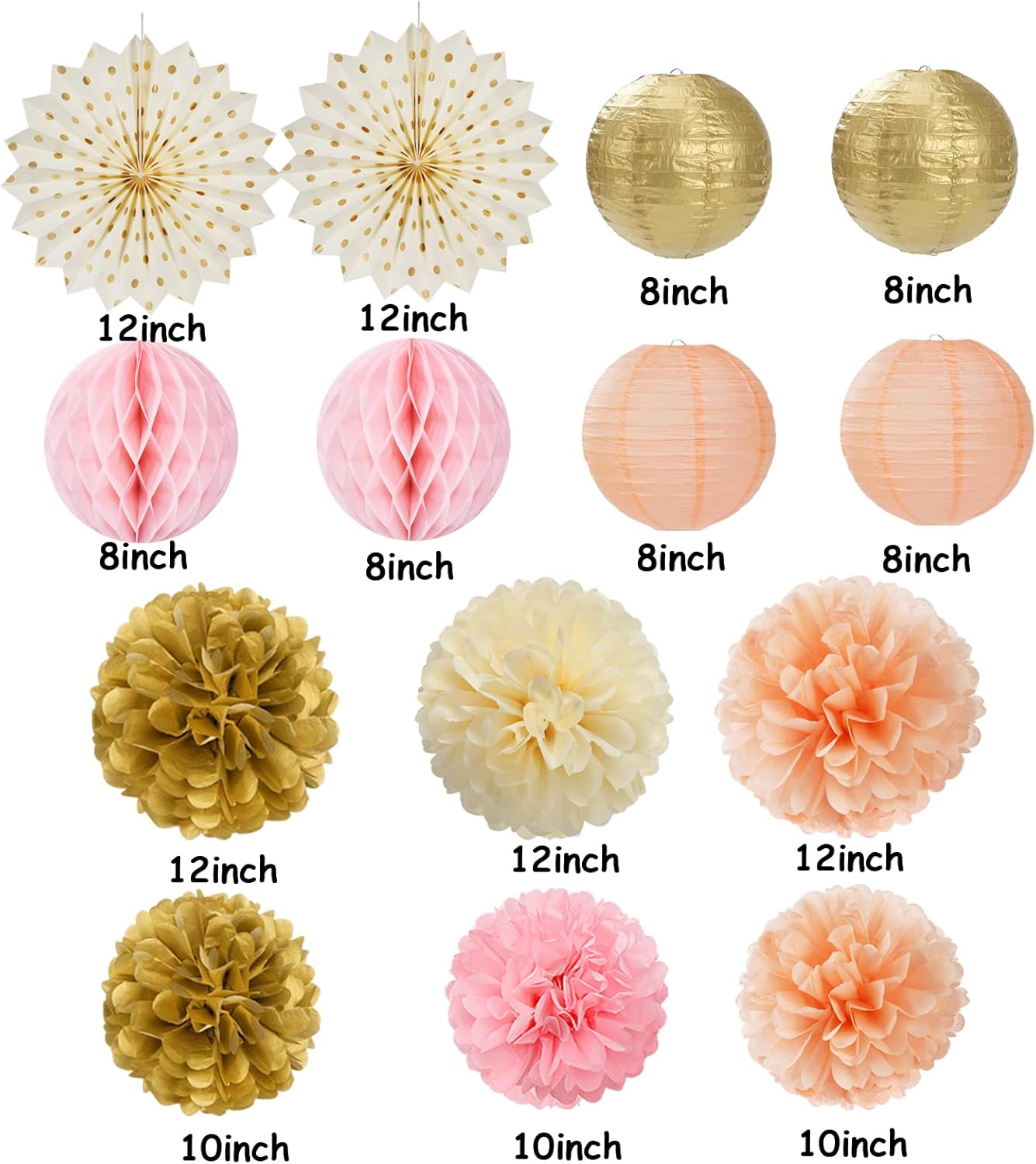 Pink Peach Gold Party Decorations - 14pcs Bridal Baby Shower Girls Birthday Paper Lanterns