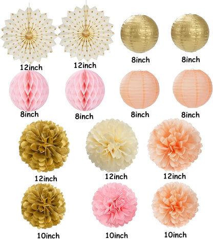 Pink Peach Gold Party Decorations - 14pcs Bridal Baby Shower Girls Birthday Paper Lanterns