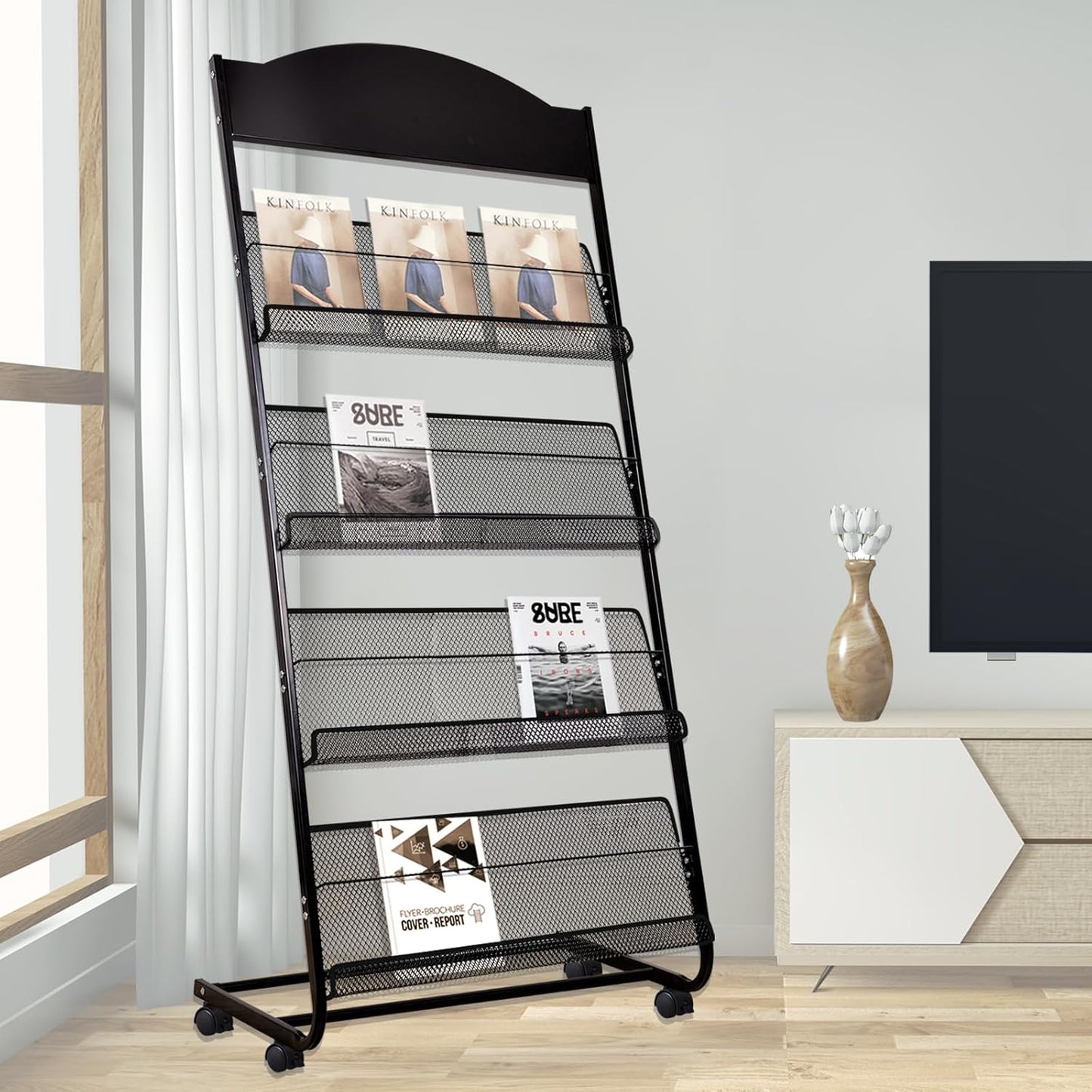 Floor-Standing Magazine Rack, 4-Layer Brochure Display Stand Tiered Design Magazine Stand