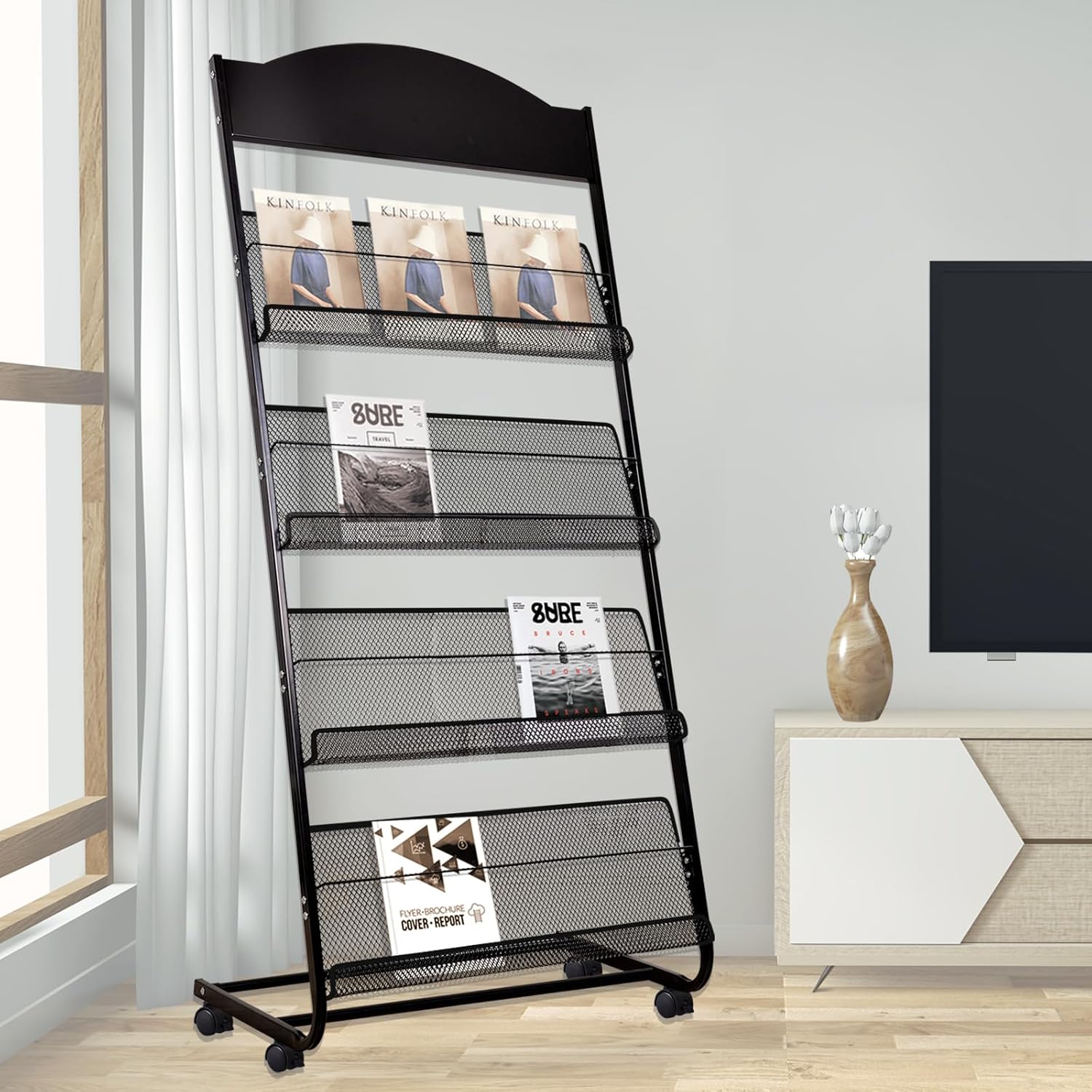 Floor-Standing Magazine Rack, 4-Layer Brochure Display Stand Tiered Design Magazine Stand