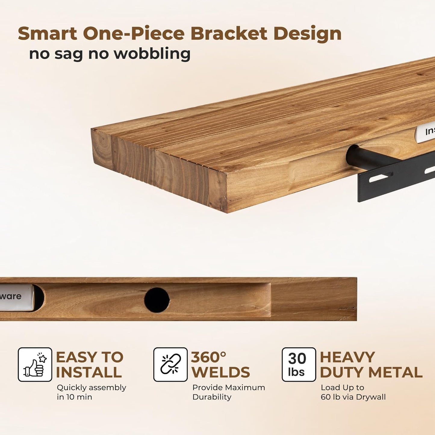 Axeman Floating Shelves for Wall - 32''W x 8'' D Rustic Solid Elm Wood Shelves for Storage, Wall
