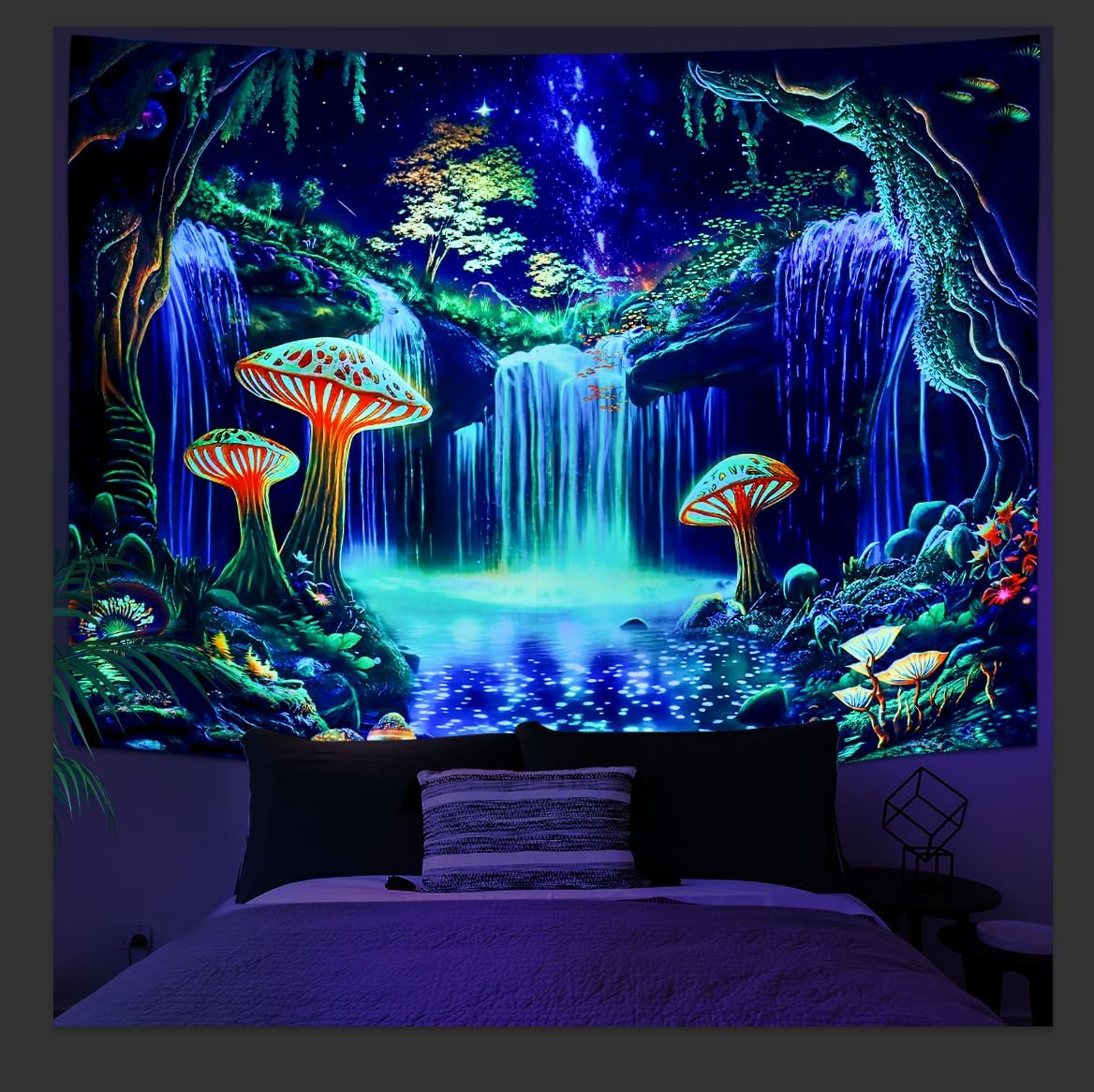 Ameyahud Blacklight Fantasy Forest Tapestry UV Reactive Waterfall Tapestries Starry Sky Tapestry