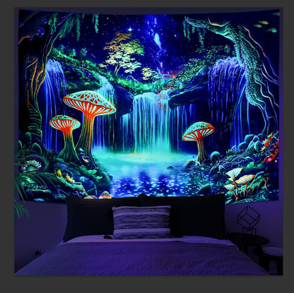 Ameyahud Blacklight Fantasy Forest Tapestry UV Reactive Waterfall Tapestries Starry Sky Tapestry