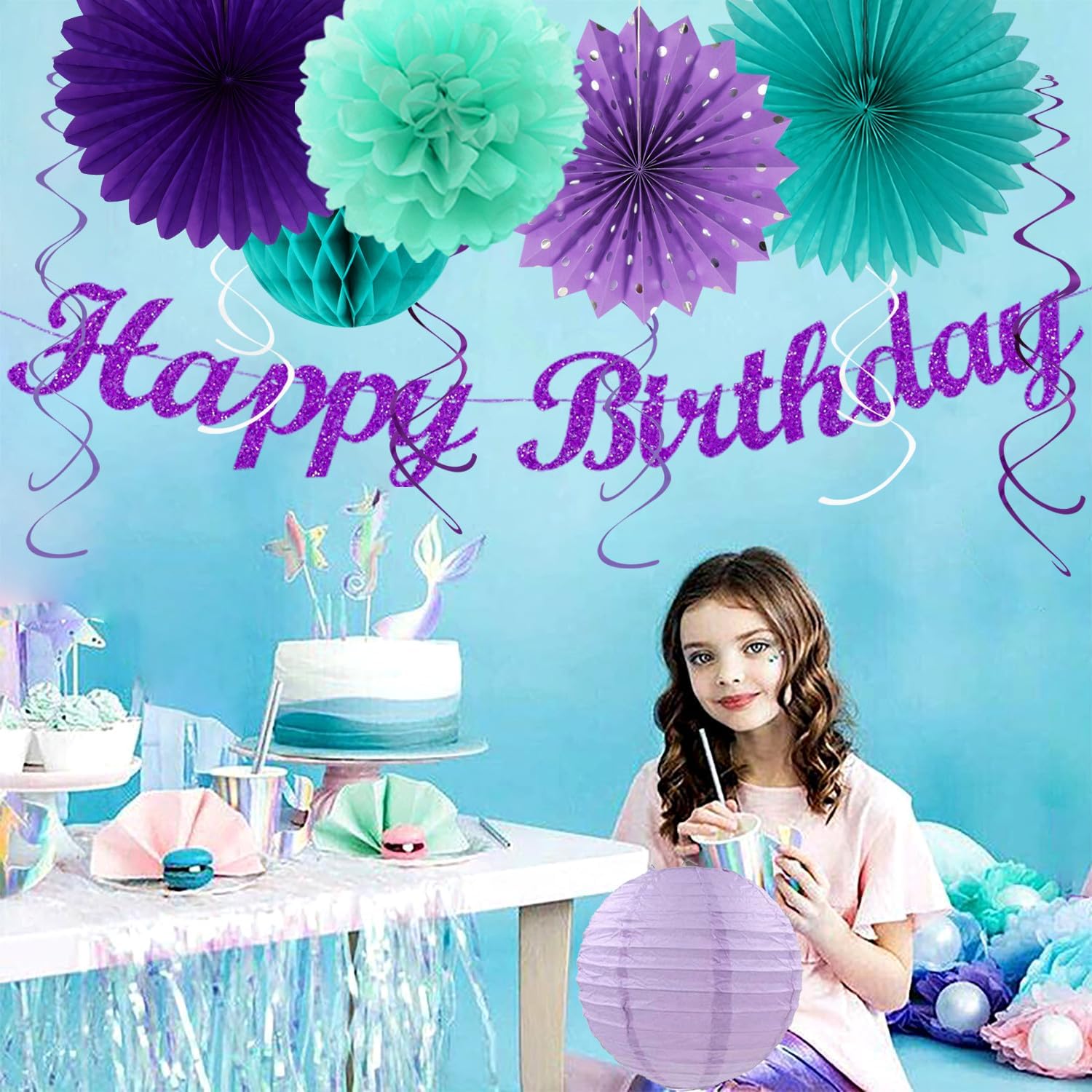 Teal-purple Lavender Girl Mermaid-birthday Party-decorations - 21pcs Happy Banner,Under The Sea