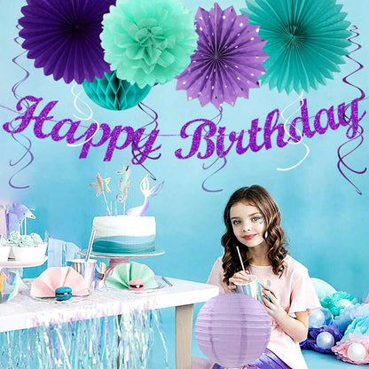 Teal-purple Lavender Girl Mermaid-birthday Party-decorations - 21pcs Happy Banner,Under The Sea
