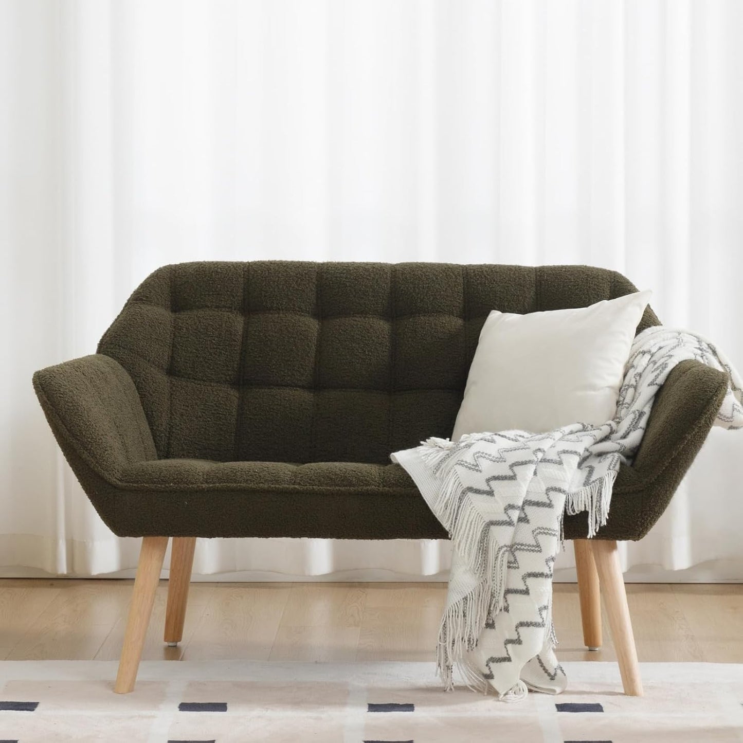 48”Small Loveseat Sofa, Modern Sherpa Upholstered Mini Couch 2-Seater Fluffy Love Seat with