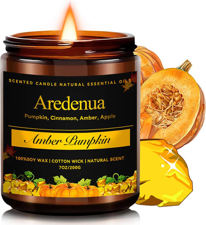 Amber Pumpkin Candle | Fall Pumpkin Candles - Scented Candle for Autumn, 7oz Soy Candles for Home
