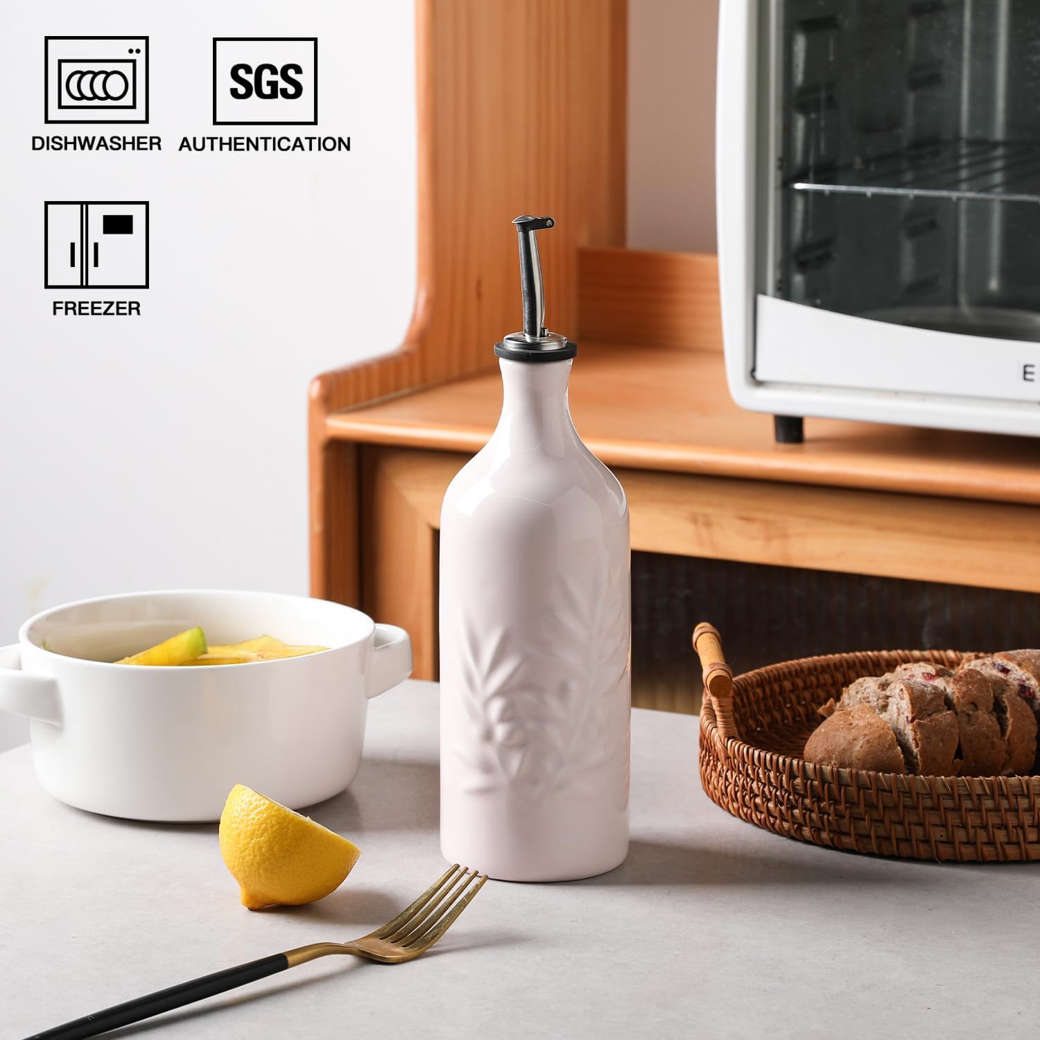Sweejar Ceramic Olive Oil Dispenser Bottle, 20 Oz Relief Opaque Oil Cruet Protects To Reduce