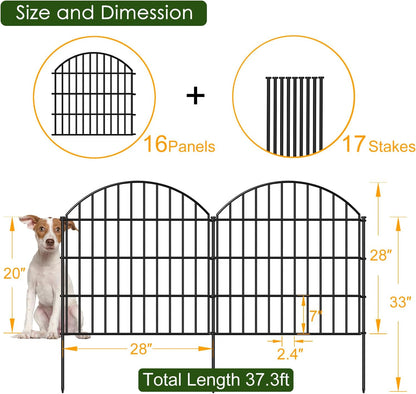 Metal Garden Fence 28in (H) x 37.3ft (L), 16 Panels + 17 Stakes Dog Fences Border Fence Animal