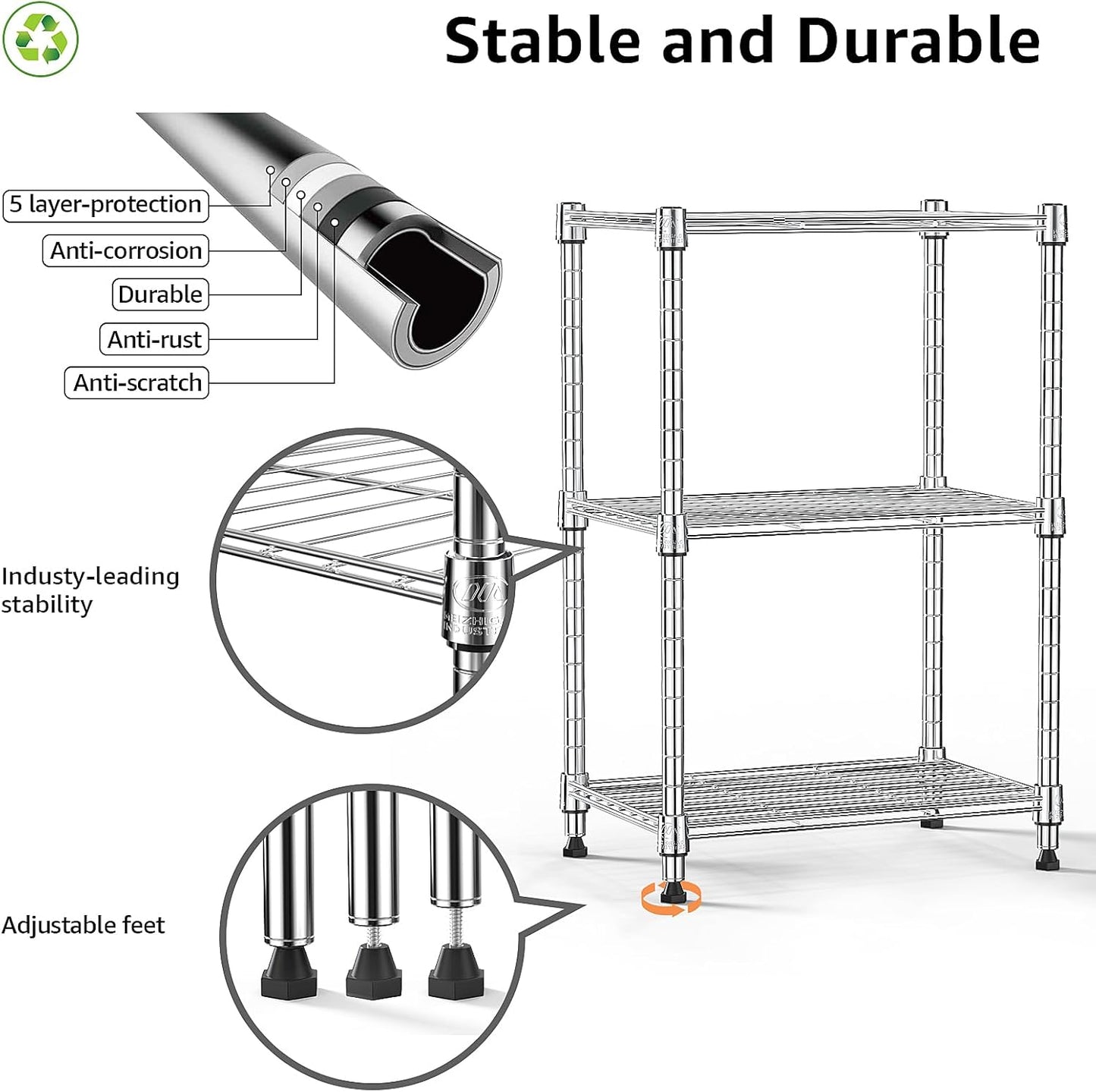 450 lbs Wire Storage Shelving 3-Tier Utility Shelving Unit Steel Organizer Wire Rack for