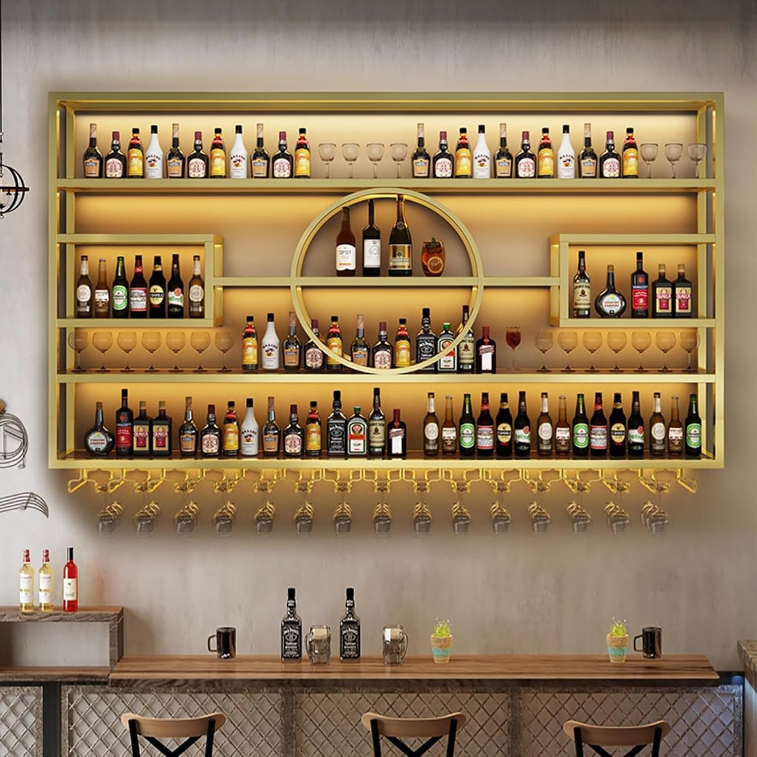 55.1in Wall Mounted Wine Rack, Modern Metal Wine Bottle and Glass Holder, Iron Display Stand