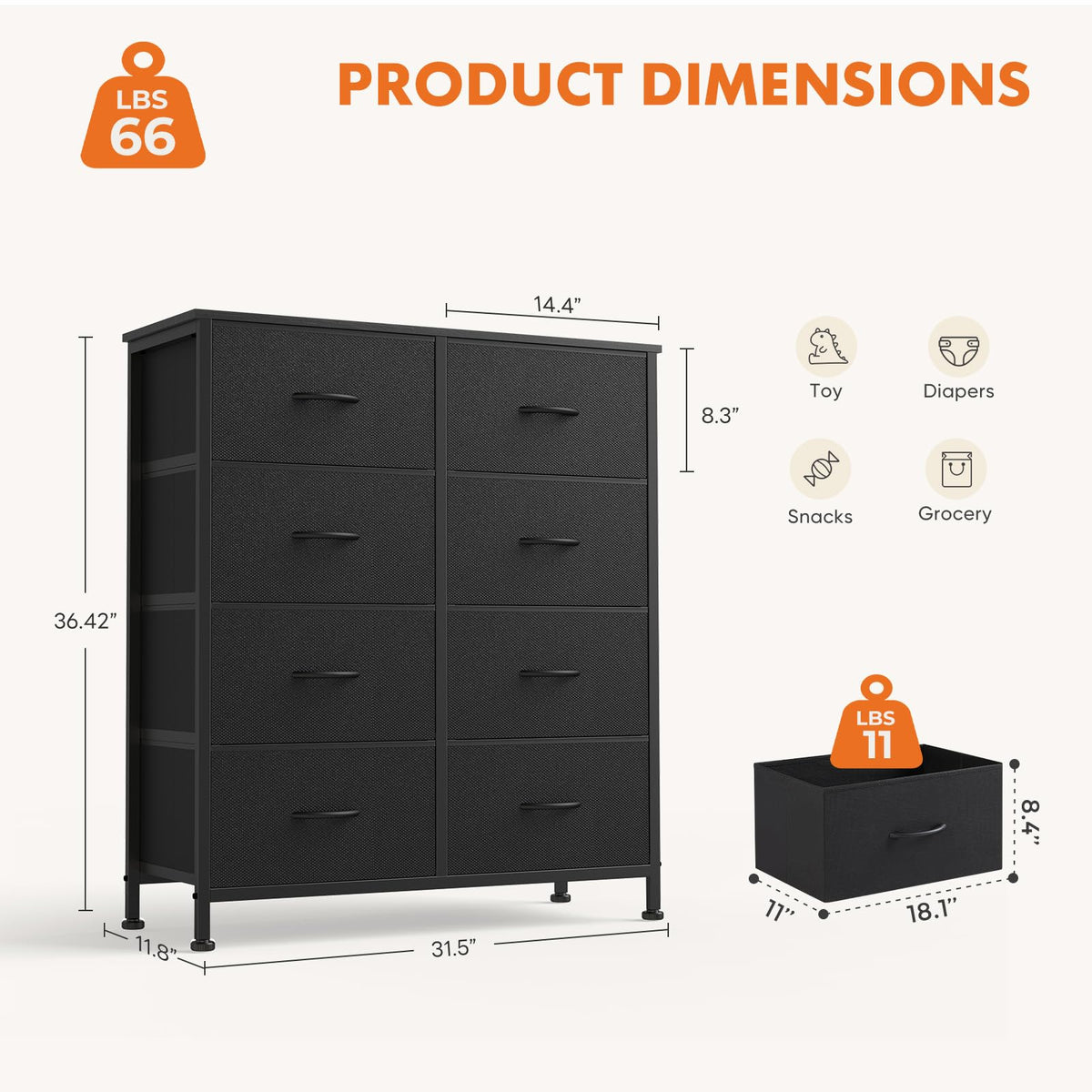 Sweetcrispy 8 Drawer Dresser with Fabric Bins for Bedroom Storage, Black