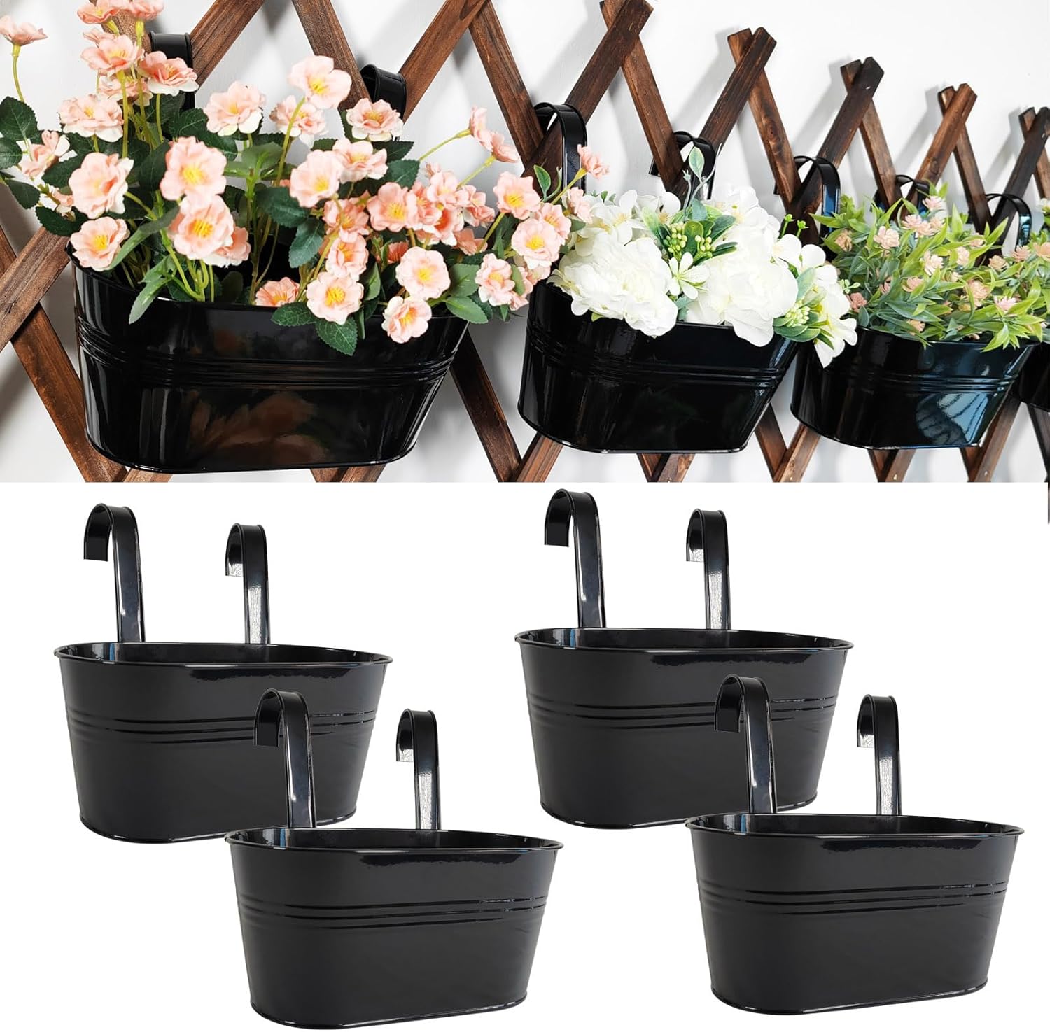 4 Pack Metal Hanging Planter for Outdoor Plants, 10 Inch Black Fence Planters Railing Pots for