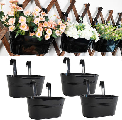 4 Pack Metal Hanging Planter for Outdoor Plants, 10 Inch Black Fence Planters Railing Pots for