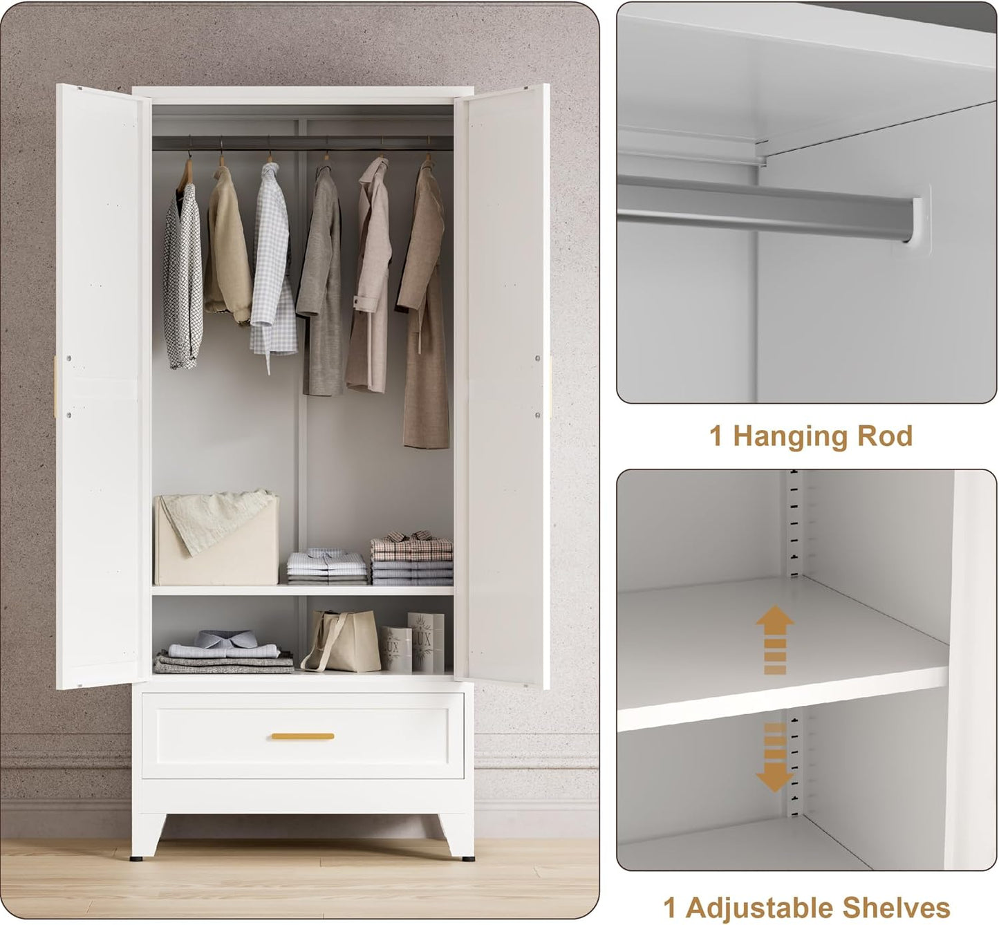 71'' Farmhouse Metal Wardrobe Cabinet with Hanging Rod, 2 Barn Door Wardrobe Closet with Adjustable